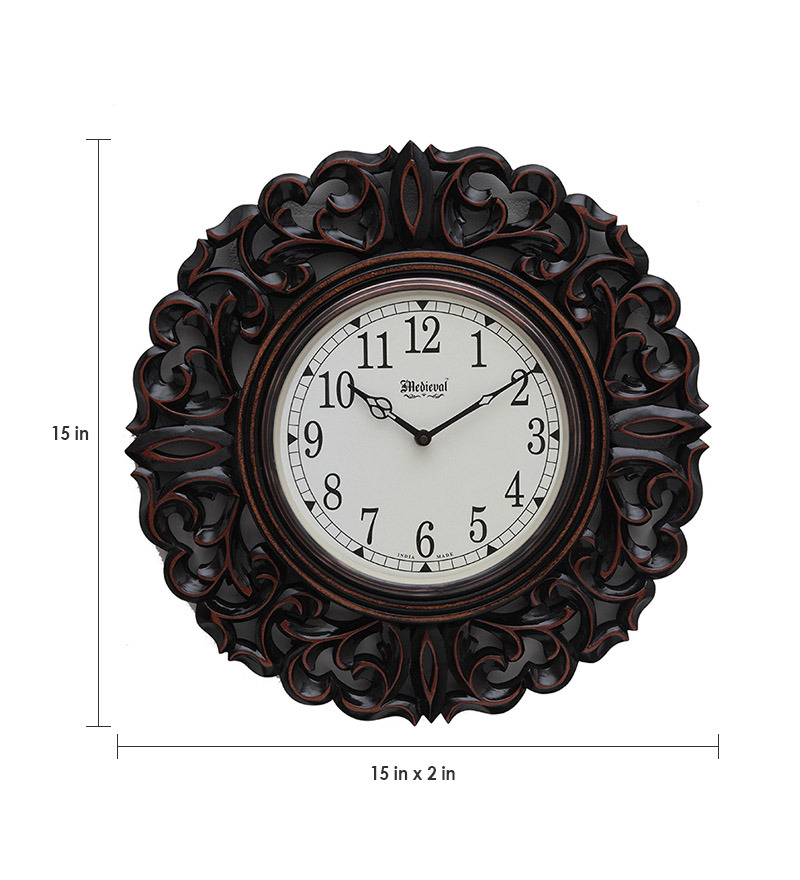 Medieval India Brown Round Wooden Carved Wall Clock by Medieval India